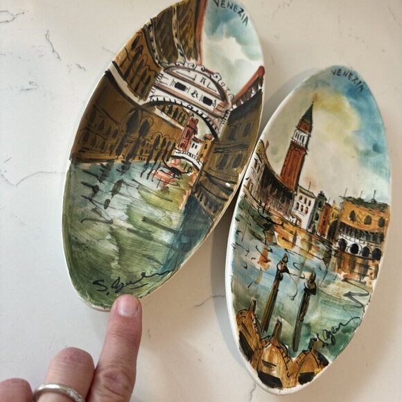 Venice Grand Canal- 2 Hand Painted Rolled Ceramic Slab Wall Hangings, Signed - Picture 2 of 16